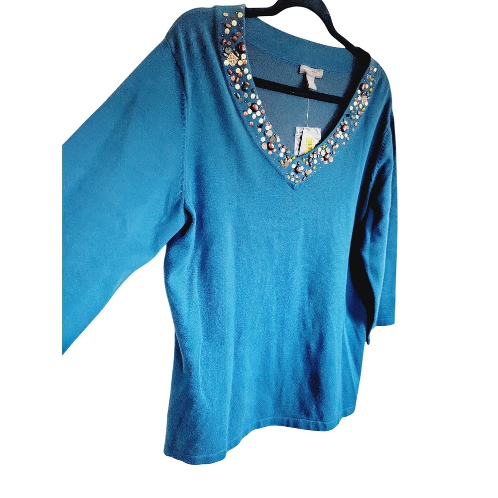 Investments II 1X Pullover Sweater‎ 3/4 Sleeves V-Neck Teal Stretch Beaded NWT